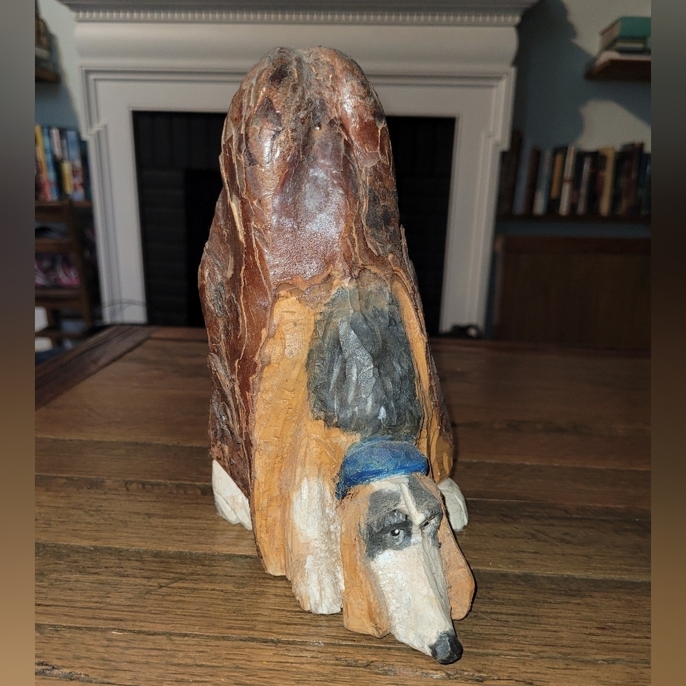 Beagle, carved and painted cypress knee.